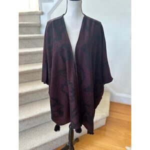 Cleobella Burgundy Black Floral Leaf Tassel Boho Whimsygoth Poncho Cape